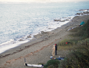 A narrow strip of sand for our tents at Duck Beach on Point Reyes. Photo by John Weed.