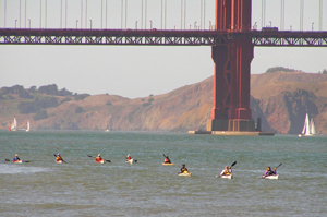 Our kayaks and escorts approach Crissy Field Beach. Photo by Michael Maloney.