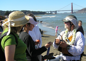 Paul McHugh chats about nav equipment with fans of the voyage. Photo by Dawn Garcia.